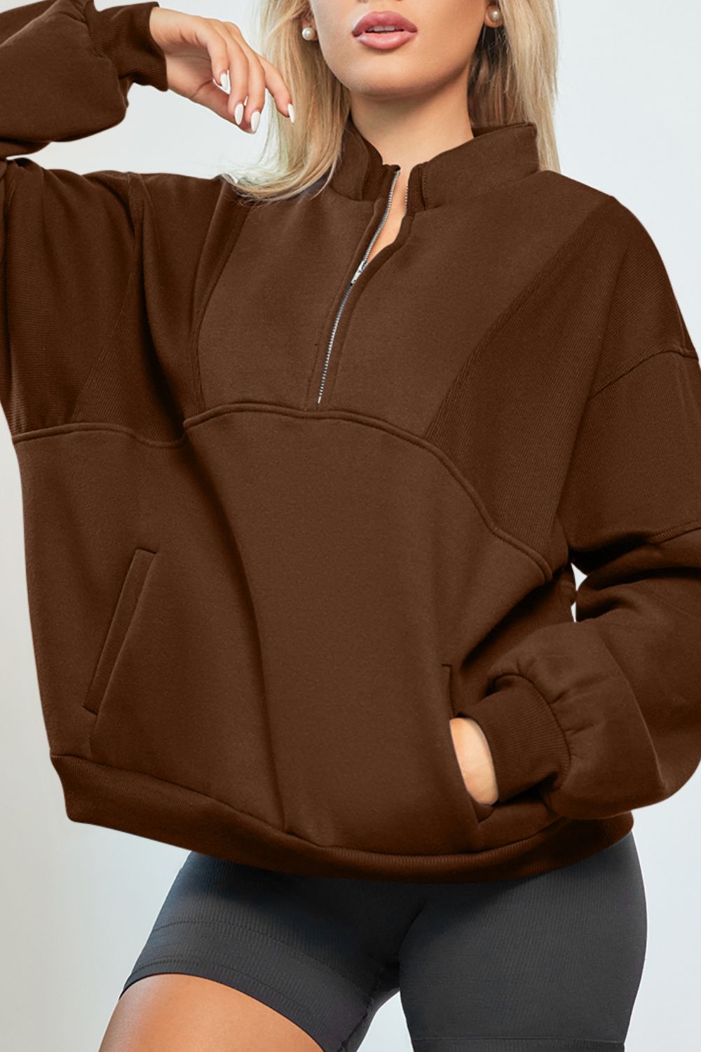 Half Zip Drop Shoulder Long Sleeve Sweatshirt OutfitFlow