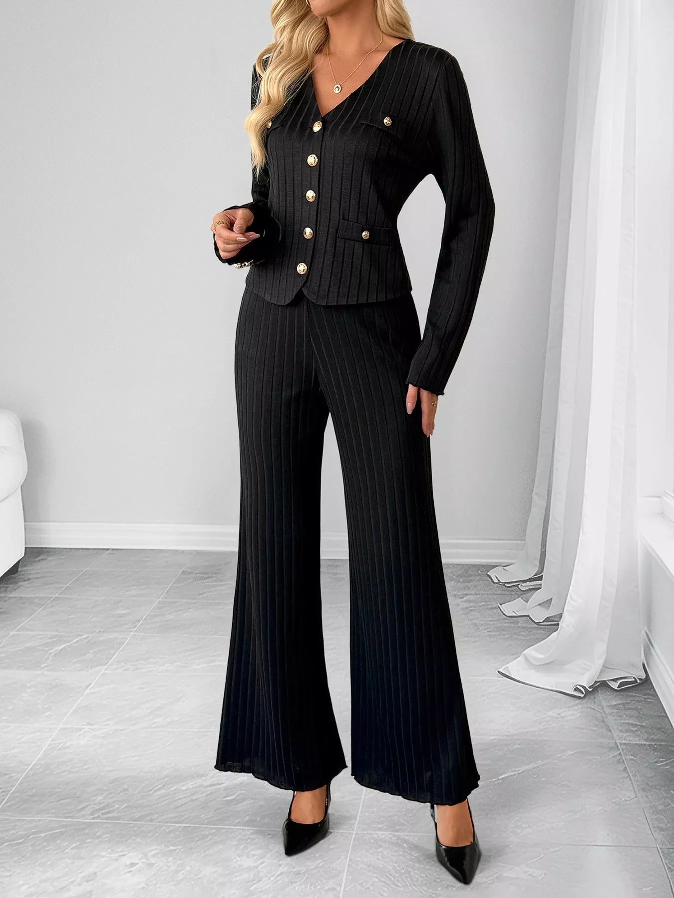 Ribbed Knit Cardigan & Wide Leg Pants Set OutfitFlow