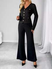 Ribbed Knit Cardigan & Wide Leg Pants Set OutfitFlow