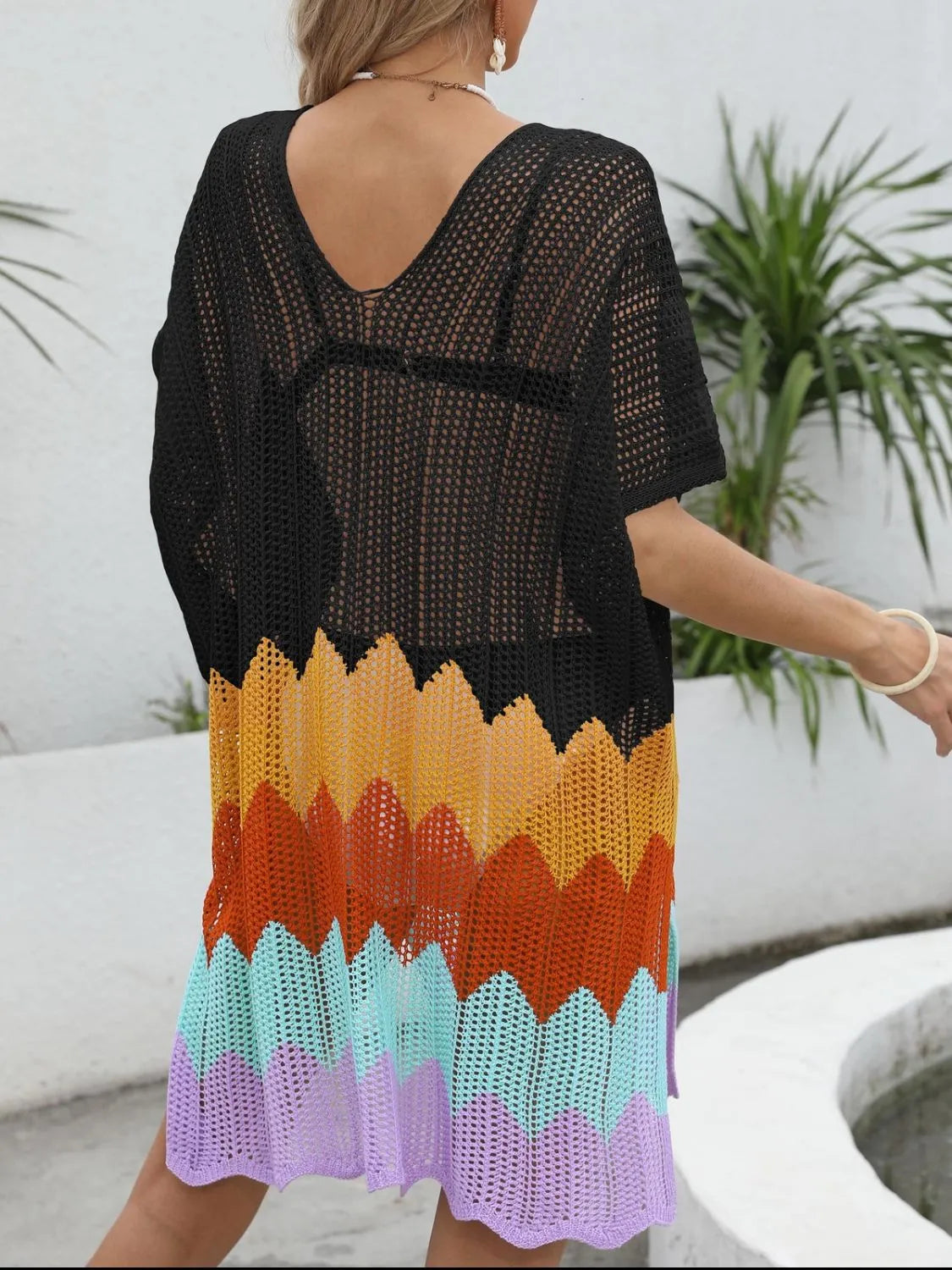 Openwork V-Neck Half Sleeve Cover-Up OutfitFlow