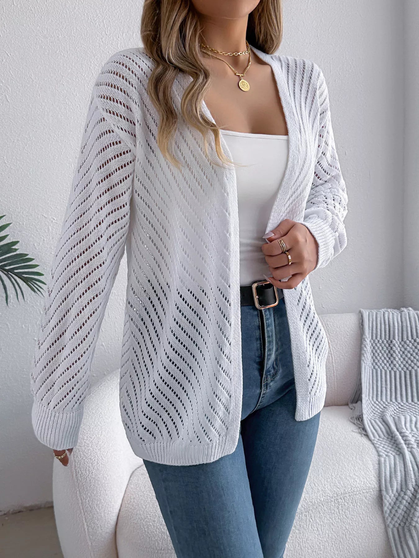 Openwork Open-Front Long Sleeve Cardigan OutfitFlow