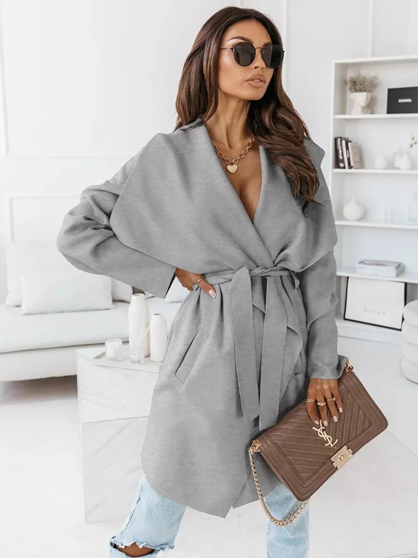 Tie Waist Long Sleeve Outerwear OutfitFlow