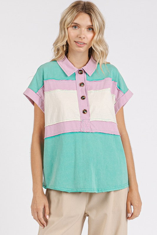 Mittoshop Color Block Henley Short Sleeve Polo Shirt Seafoam OutfitFlow