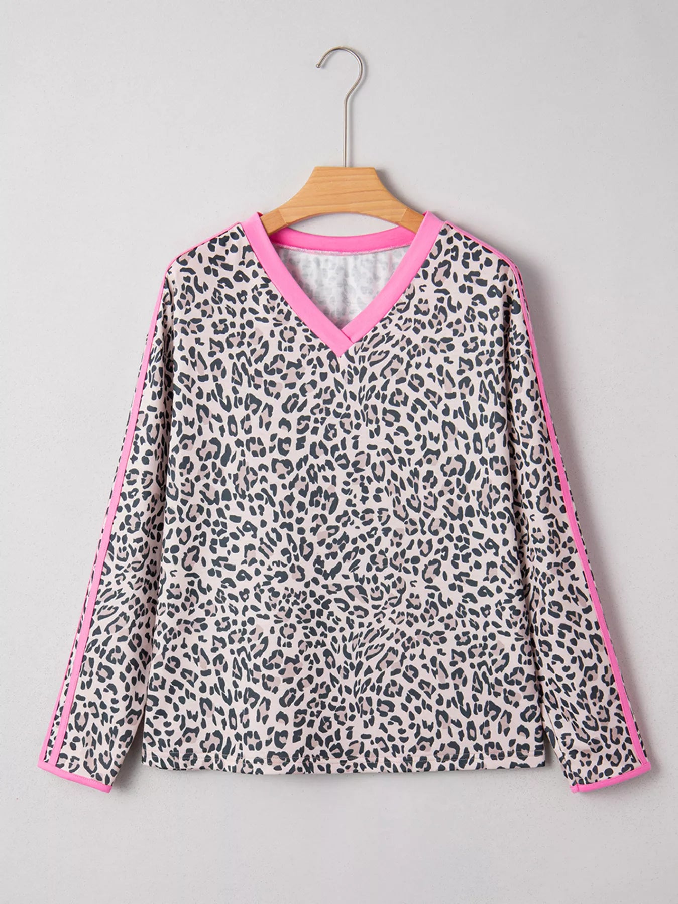 Leopard Print Contrast V Neck Varsity Stripe Detail Long Sleeve Top OutfitFlow