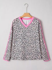 Leopard Print Contrast V Neck Varsity Stripe Detail Long Sleeve Top OutfitFlow