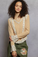 POL Floral Patch V-Neck Long Sleeve Ribbed Top OutfitFlow