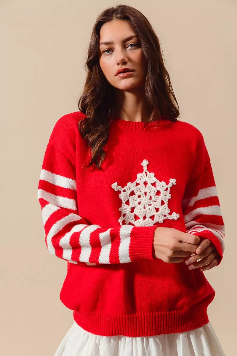 SO ME Christmas Snowflake Crochet Embellished Sweater Trendsi