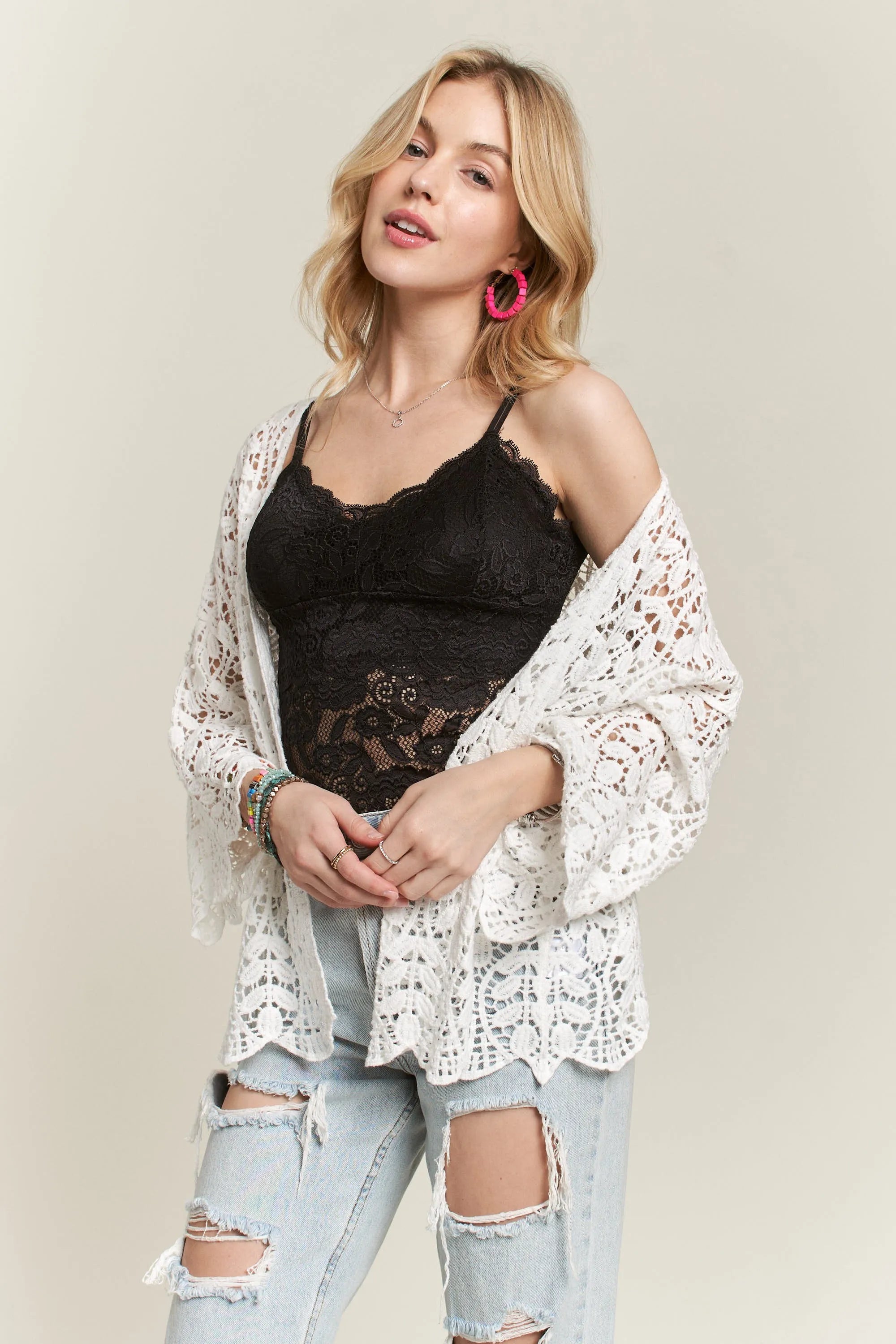 ADORA Leaf Pattern Crochet Cardigan OutfitFlow