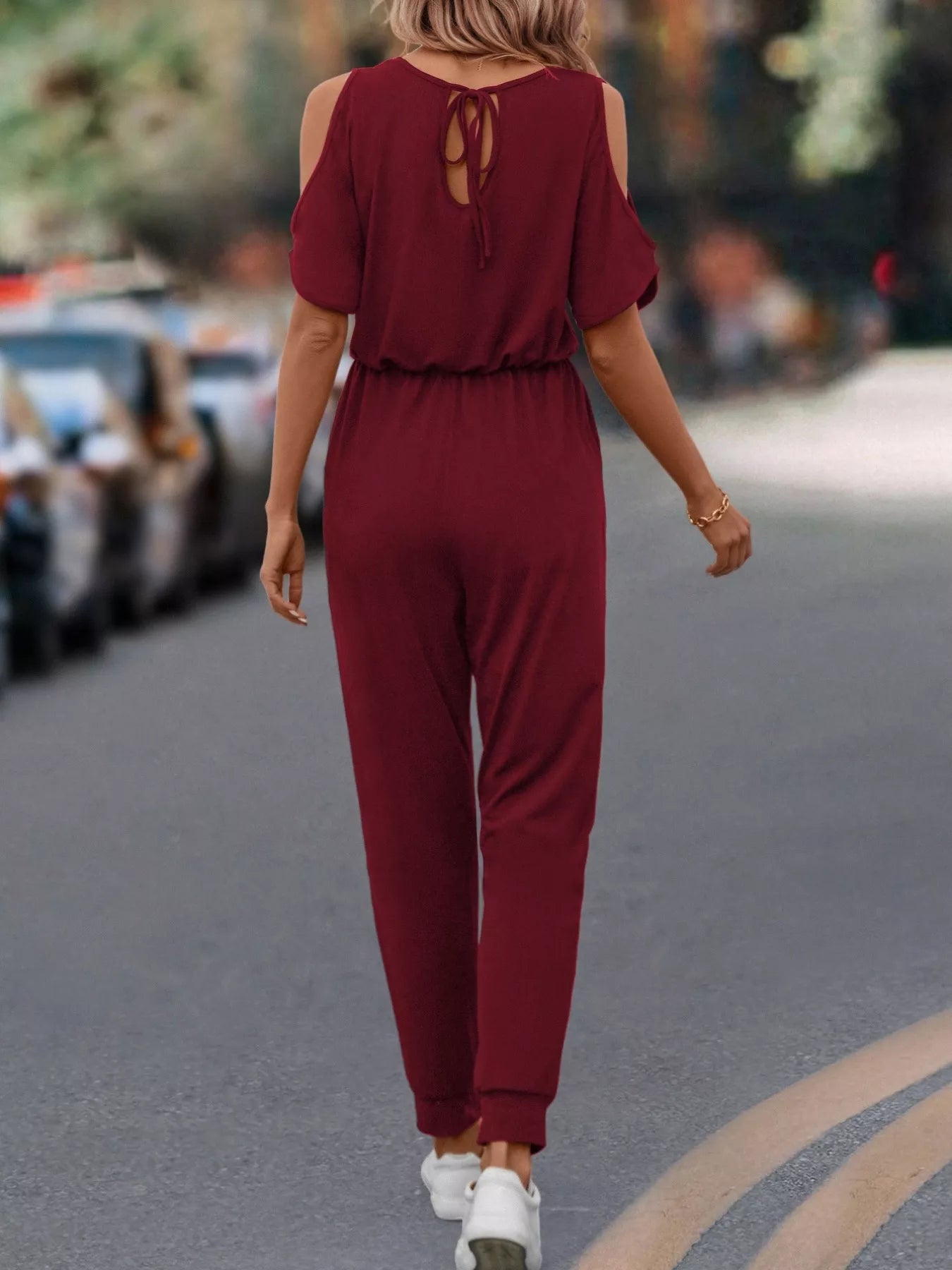 Cold Shoulder V-Neck Drawstring Waist Jumpsuit Trendsi