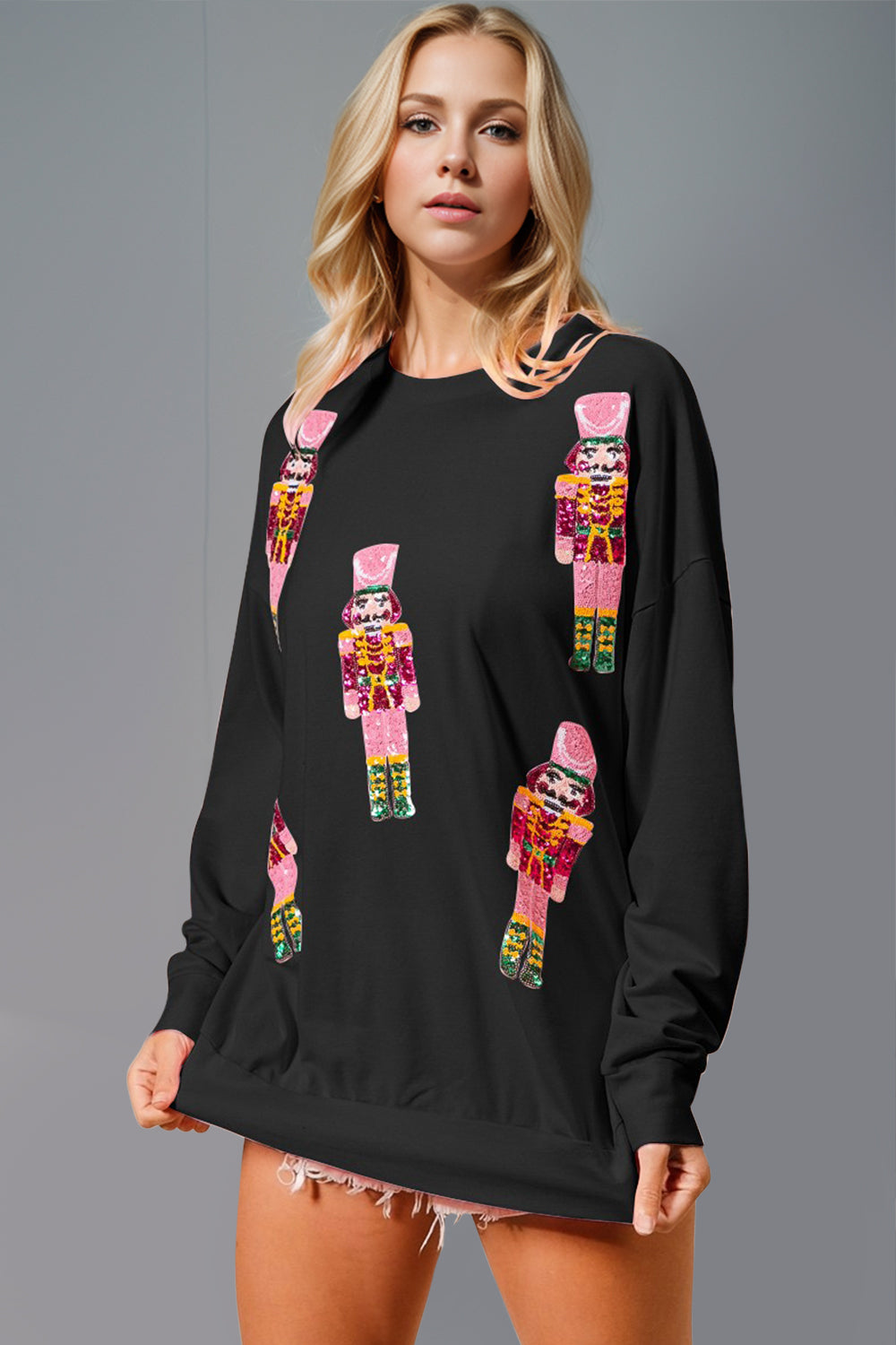 Outfit Flow - Double Take Sequin Nutcracker Round Neck Long Sleeve Sweatshirt