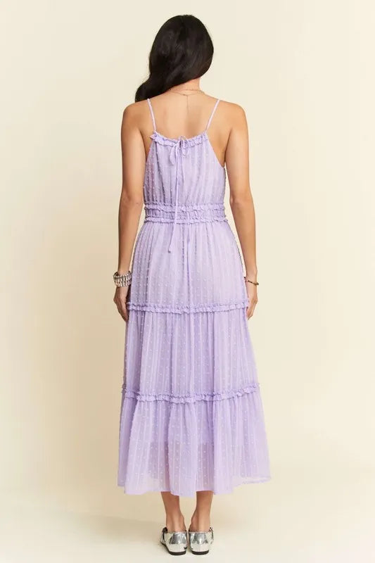 Davi & Dani Texture Swiss Dot Ruffle Square Neck Midi Dress OutfitFlow