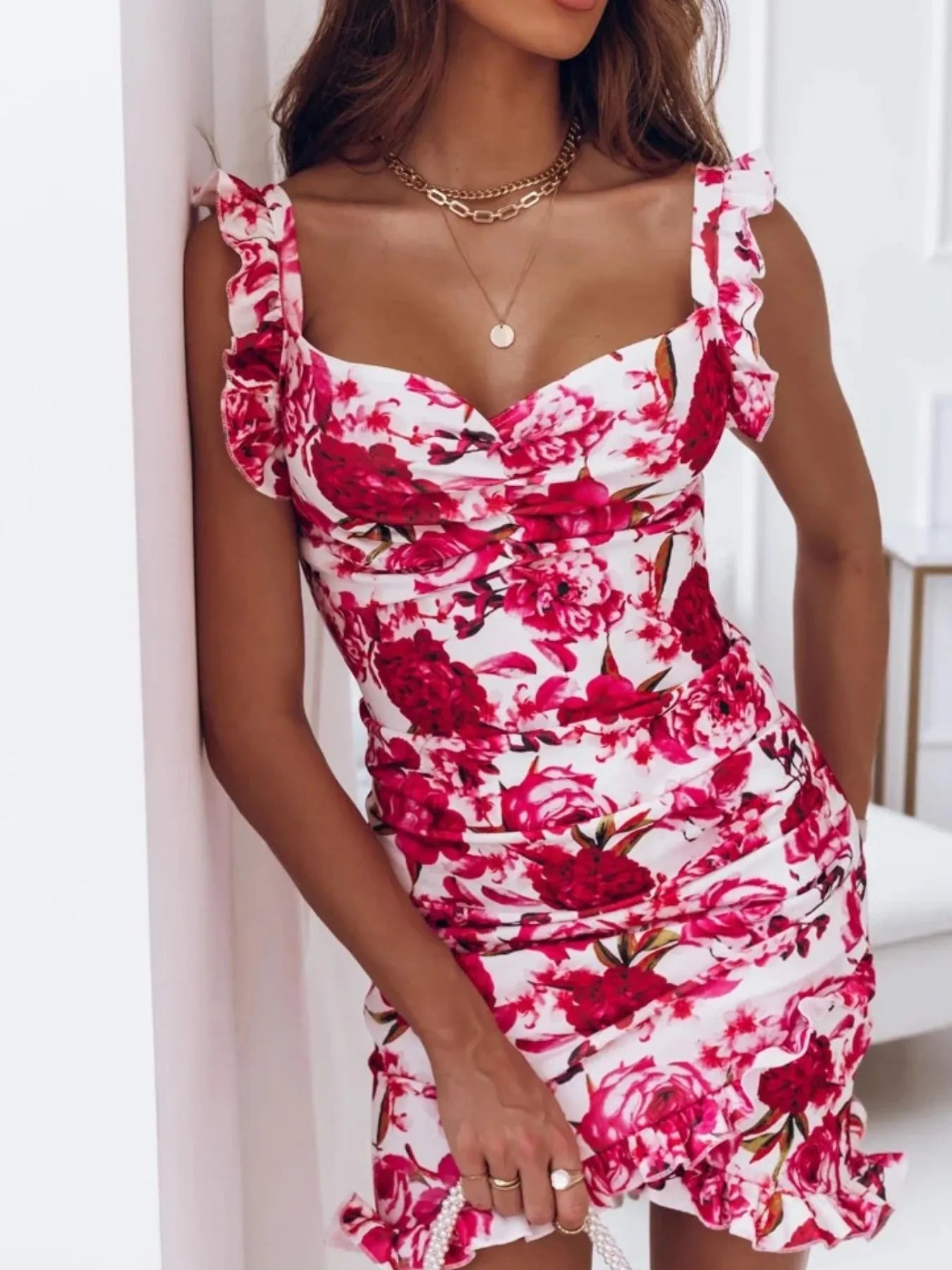 Floral Ruffle Strap Sweetheart Neck Mini Dress Red Flower On White Background OutfitFlow