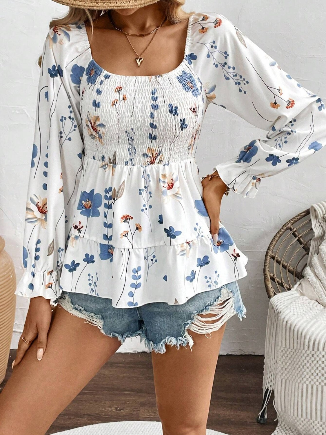 Outfit Flow - Smocked Floral Scoop Neck Flounce Sleeve Blouse