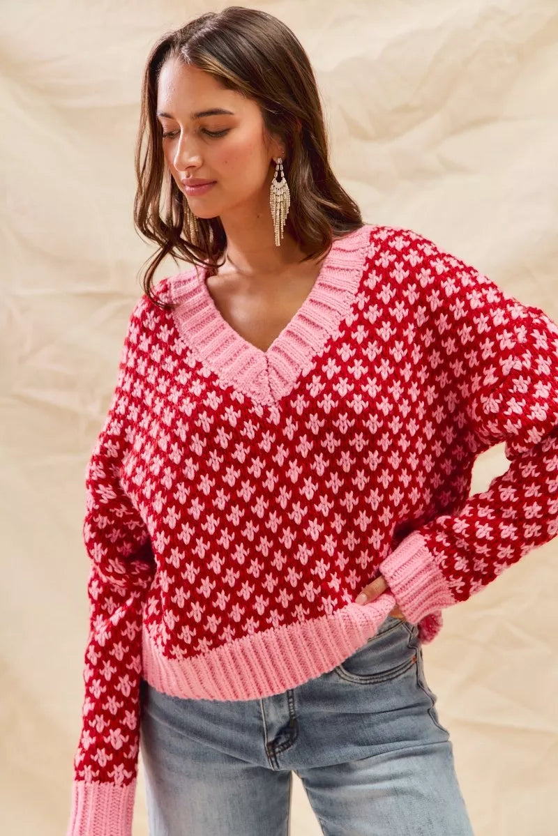 SO ME Color Block Textured Christmas Sweater V Neck Top OutfitFlow