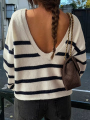 Striped Round Neck Long Sleeve Knit Top OutfitFlow