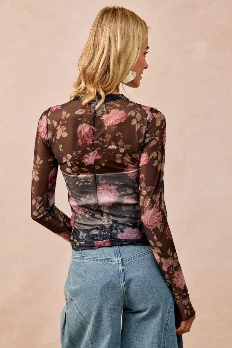 BiBi Flower Printed Mesh Lace Top with Thumb Opening OutfitFlow