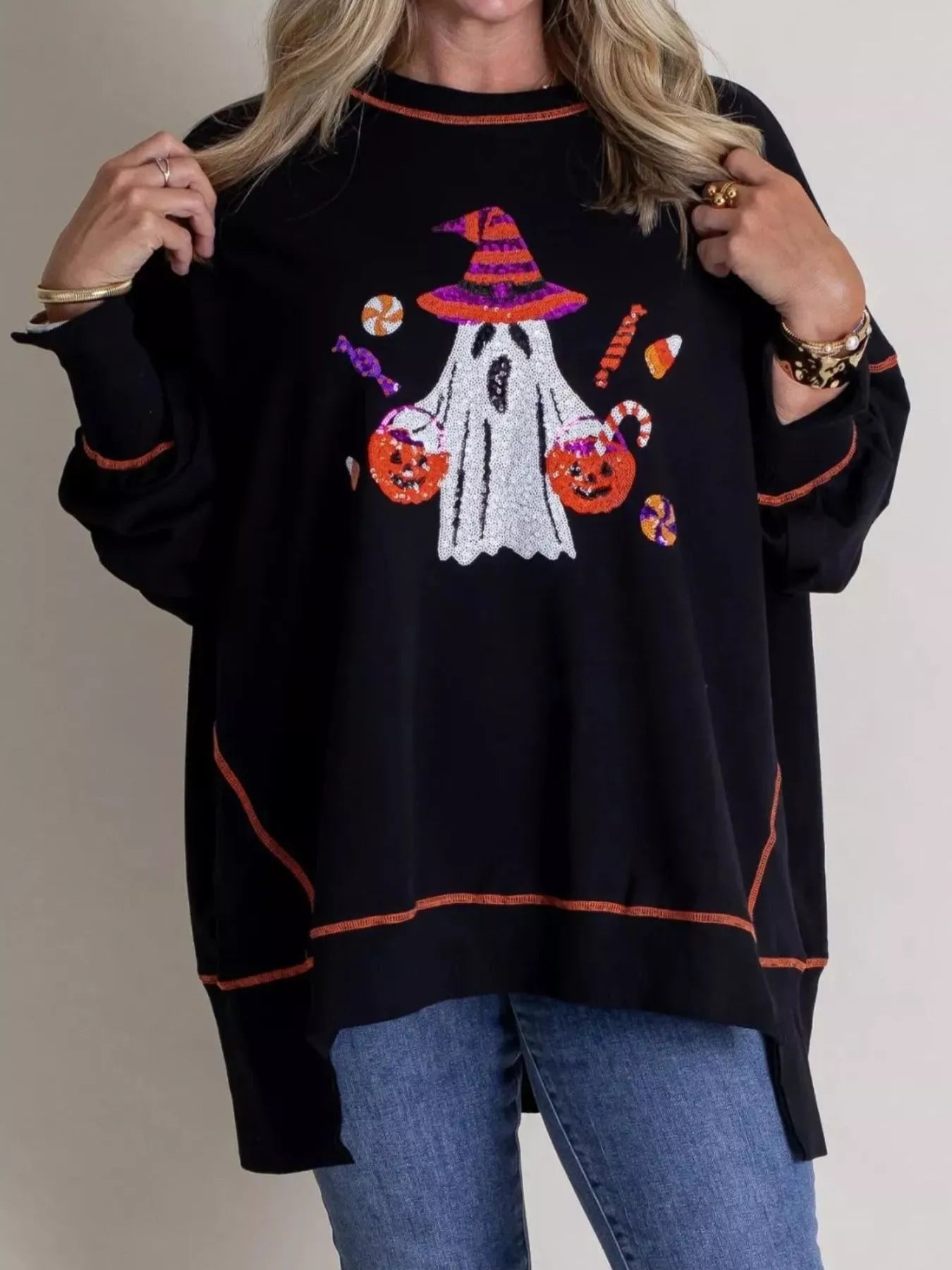 Halloween Ghost Sequin Exposed Seam Sweatshirt OutfitFlow