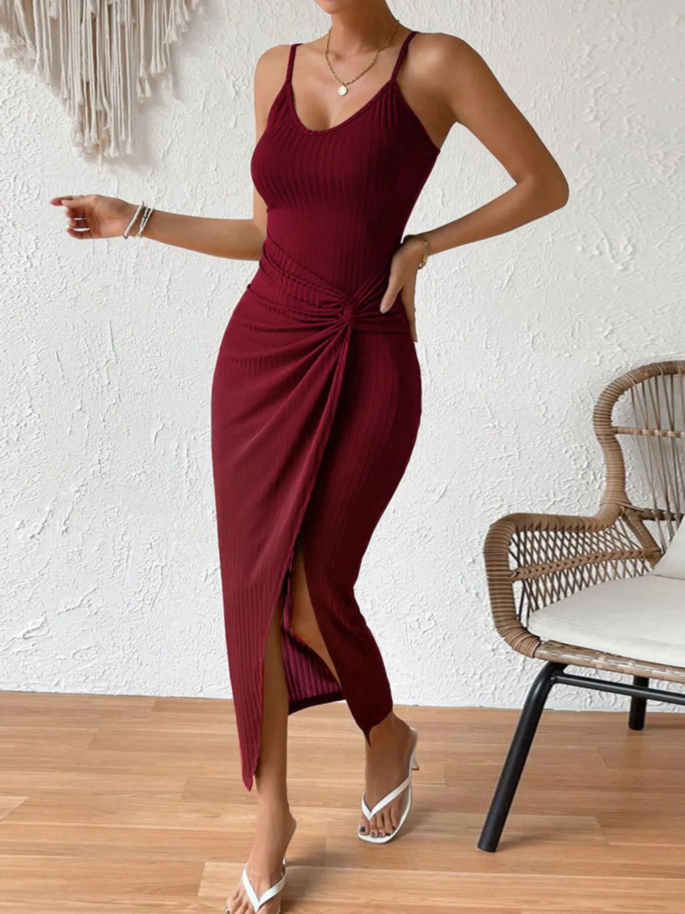 Ribbed Wrap Midi Dress with Side Slit OutfitFlow