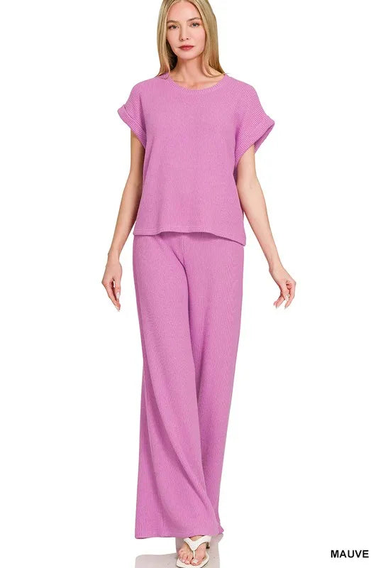 Zenana Rolled Sleeve Top and Pants Sweater Set OutfitFlow