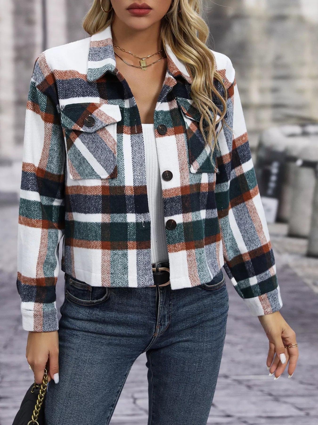 Plaid Oversized Button-Up Cropped Jacket OutfitFlow
