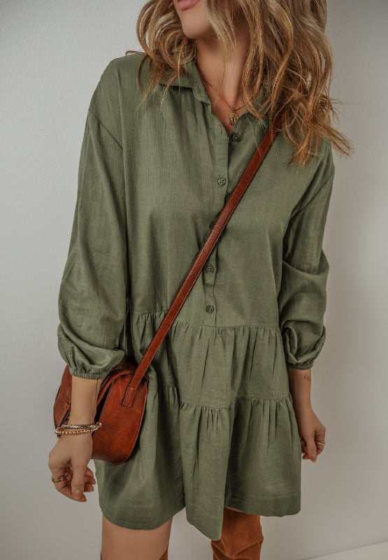 Outfit Flow - Tiered Collared Neck Balloon Sleeve Shirt Dress