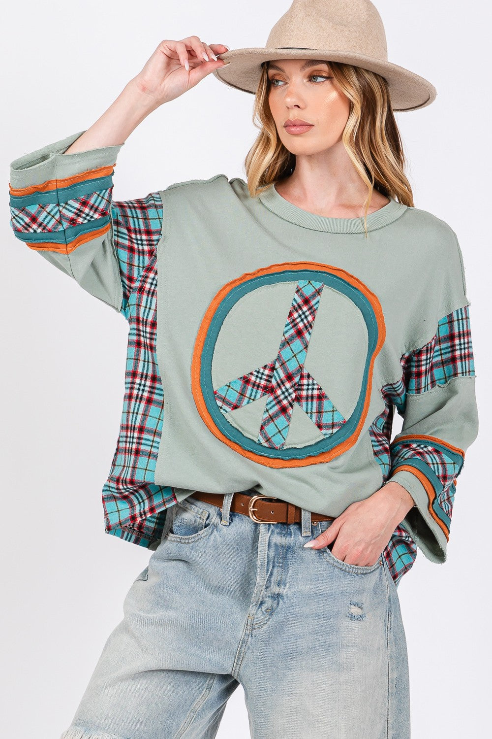 SAGE + FIG Peace Applique Patch Contrast Plaid Top