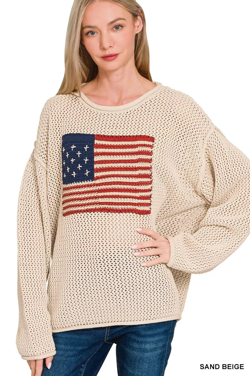 Zenana American Flag Crew Neck Sweater SAND BEIGE OutfitFlow