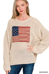 Zenana American Flag Crew Neck Sweater SAND BEIGE OutfitFlow