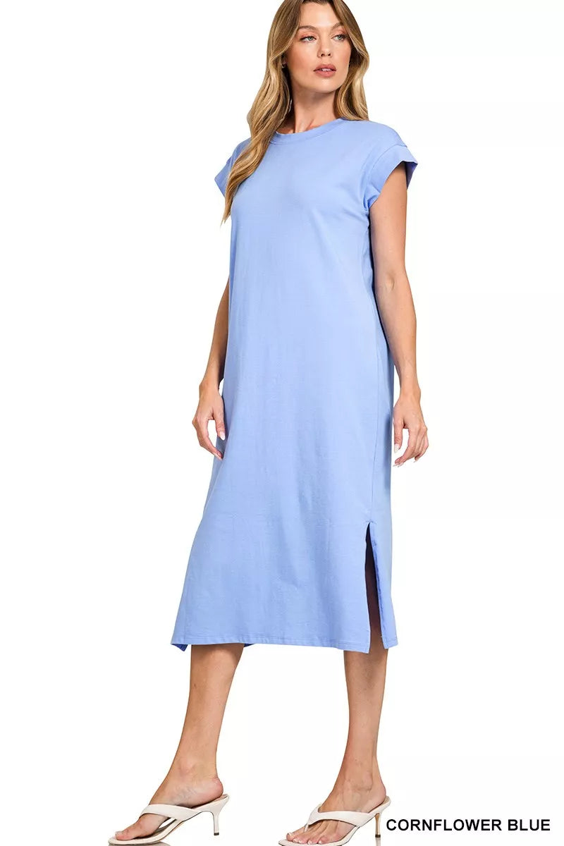 Zenana Round Neck Side Slit Midi Dress OutfitFlow