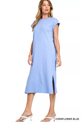 Zenana Round Neck Side Slit Midi Dress OutfitFlow