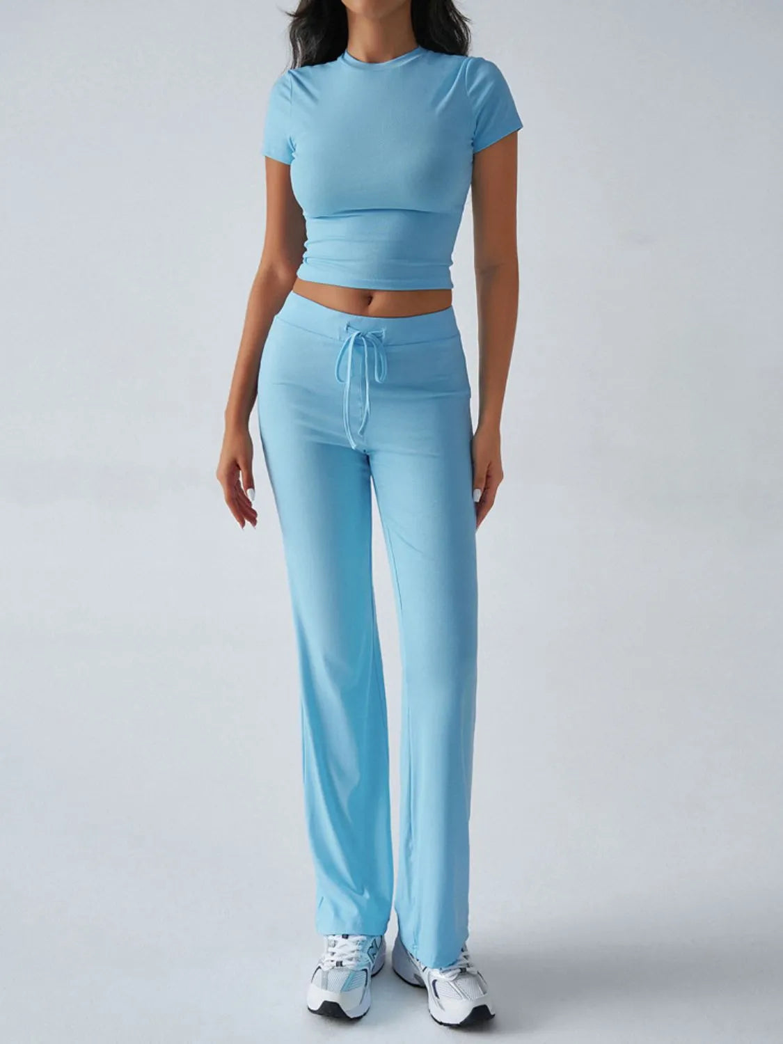 Round Neck Short Sleeve Top and Pants Set Pastel Blue OutfitFlow