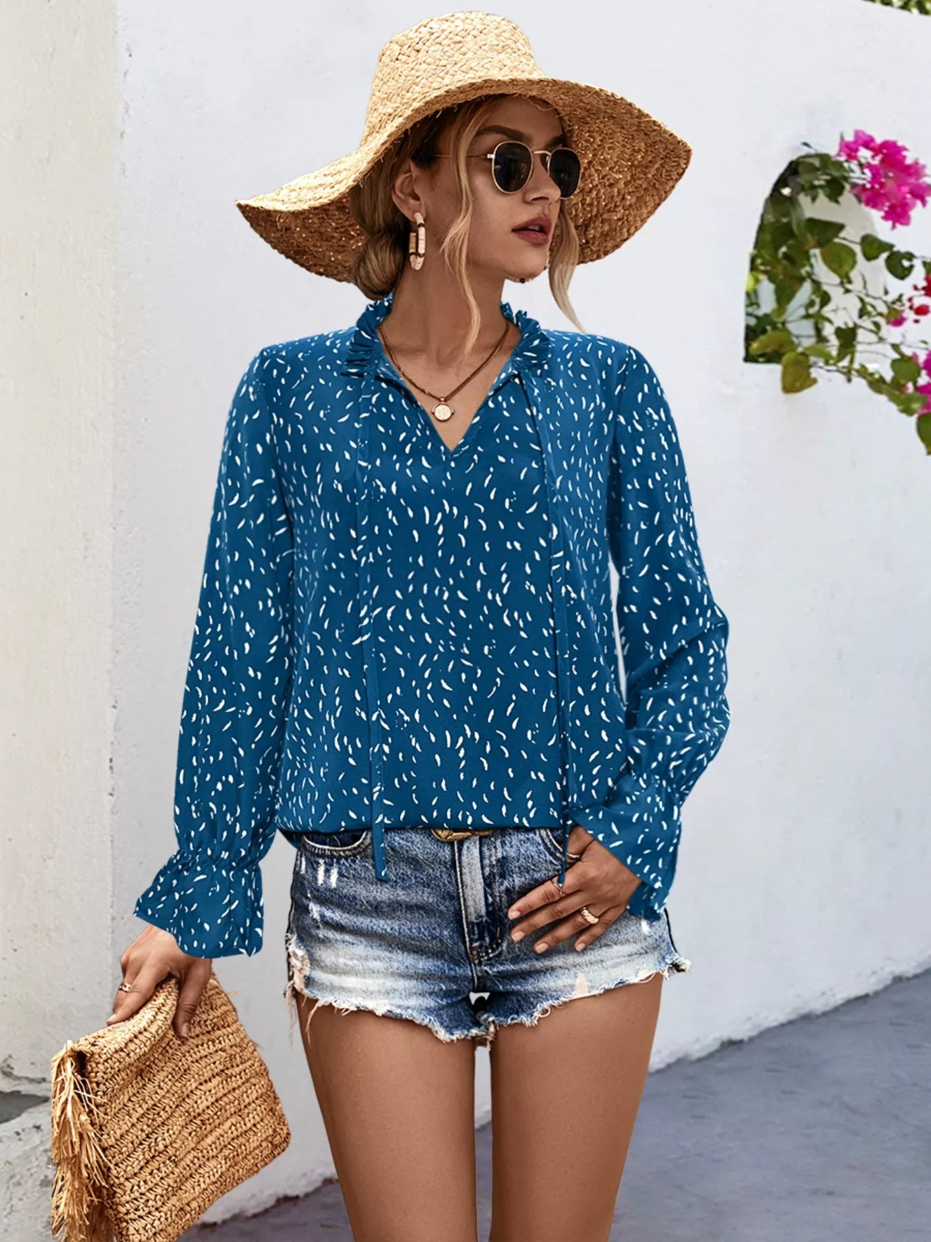 Ruffled Printed Tie Neck Long Sleeve Blouse Navy OutfitFlow