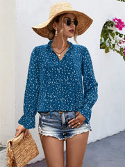 Ruffled Printed Tie Neck Long Sleeve Blouse Navy OutfitFlow