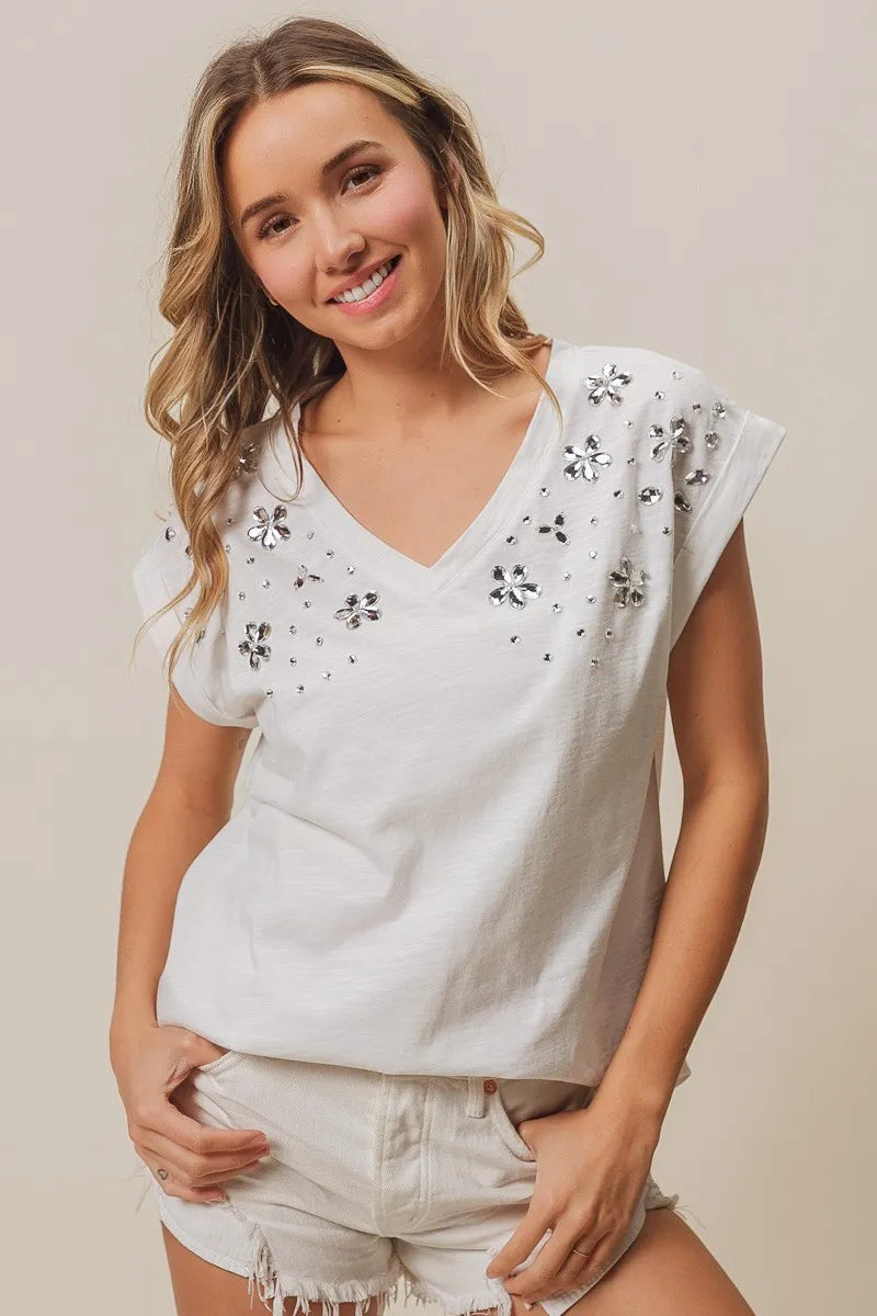 BiBi Slub Jersey Rhinestone V Neck Top OFF WHITE OutfitFlow