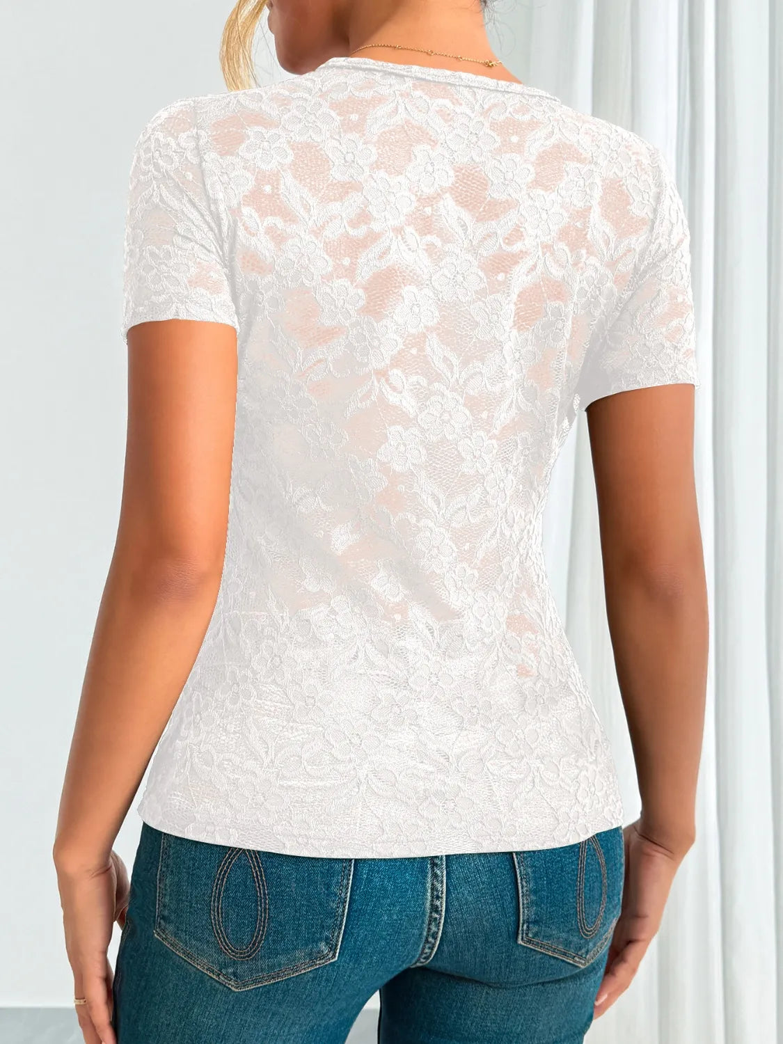 Lace V-Neck Short Sleeve Top OutfitFlow