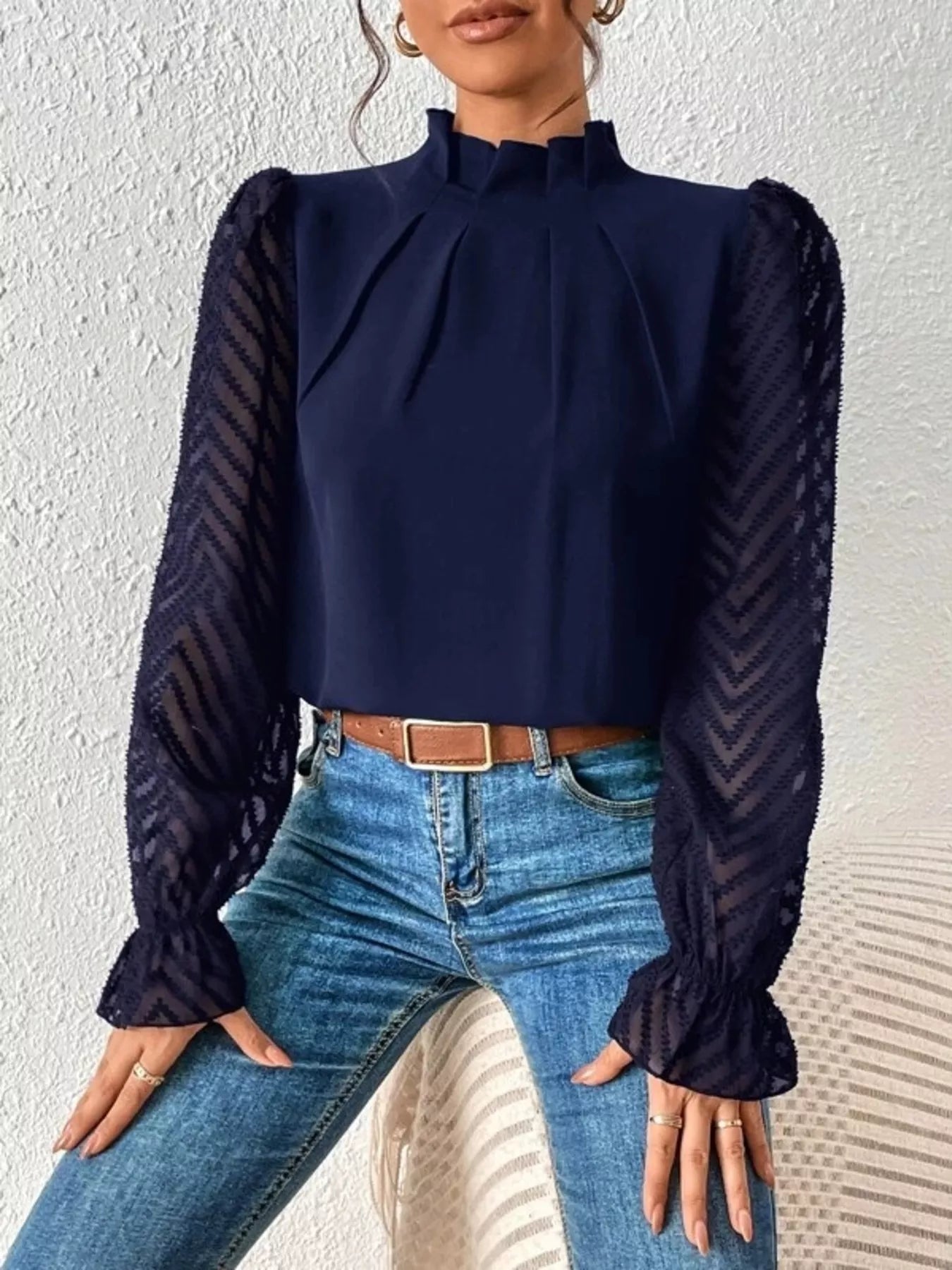 Mock Neck Sheer Lace Sleeve Blouse OutfitFlow