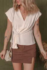 Surplice Knotted Ruched Cap Sleeve Blouse OutfitFlow