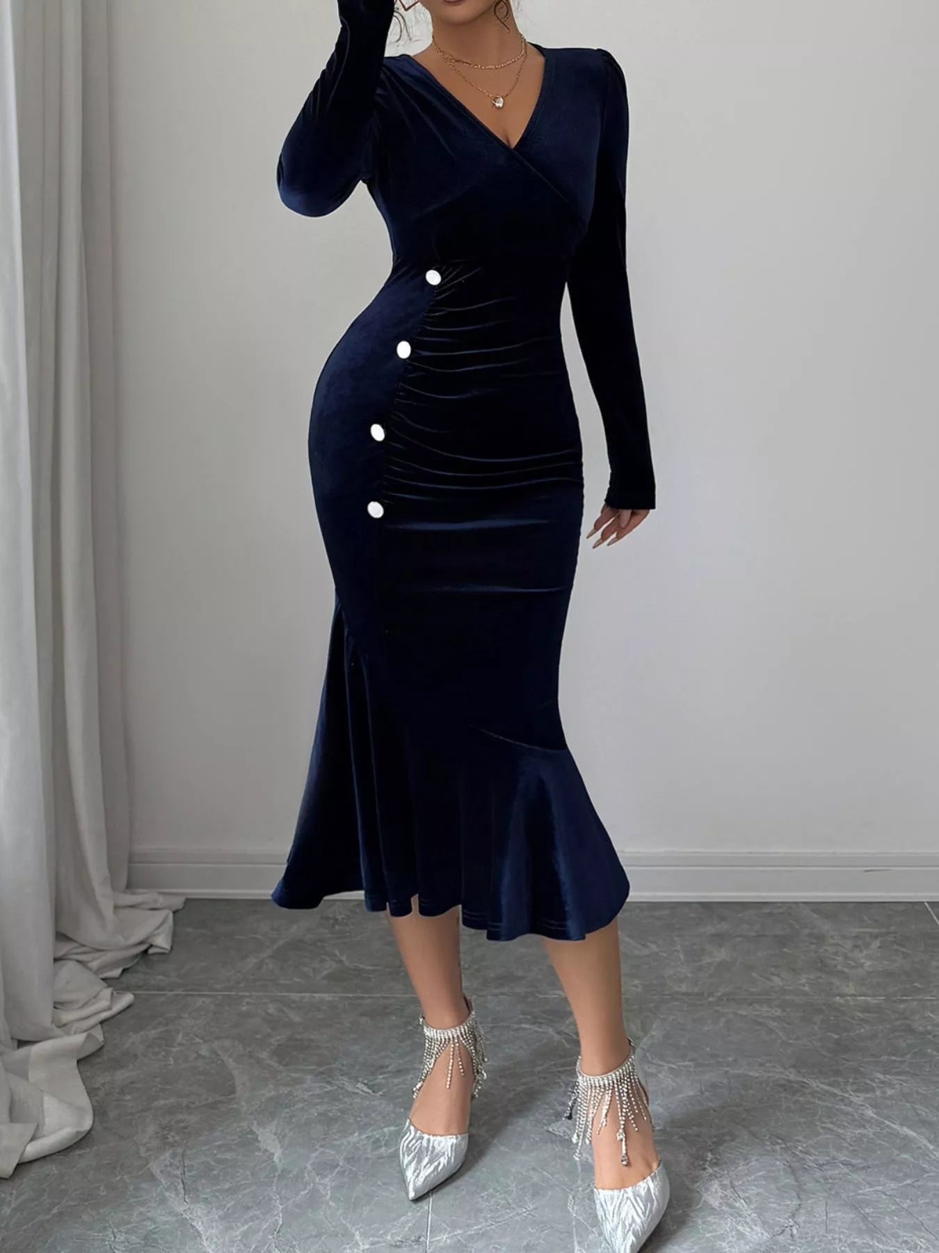 Long Sleeve V-Neck Mermaid Dress OutfitFlow