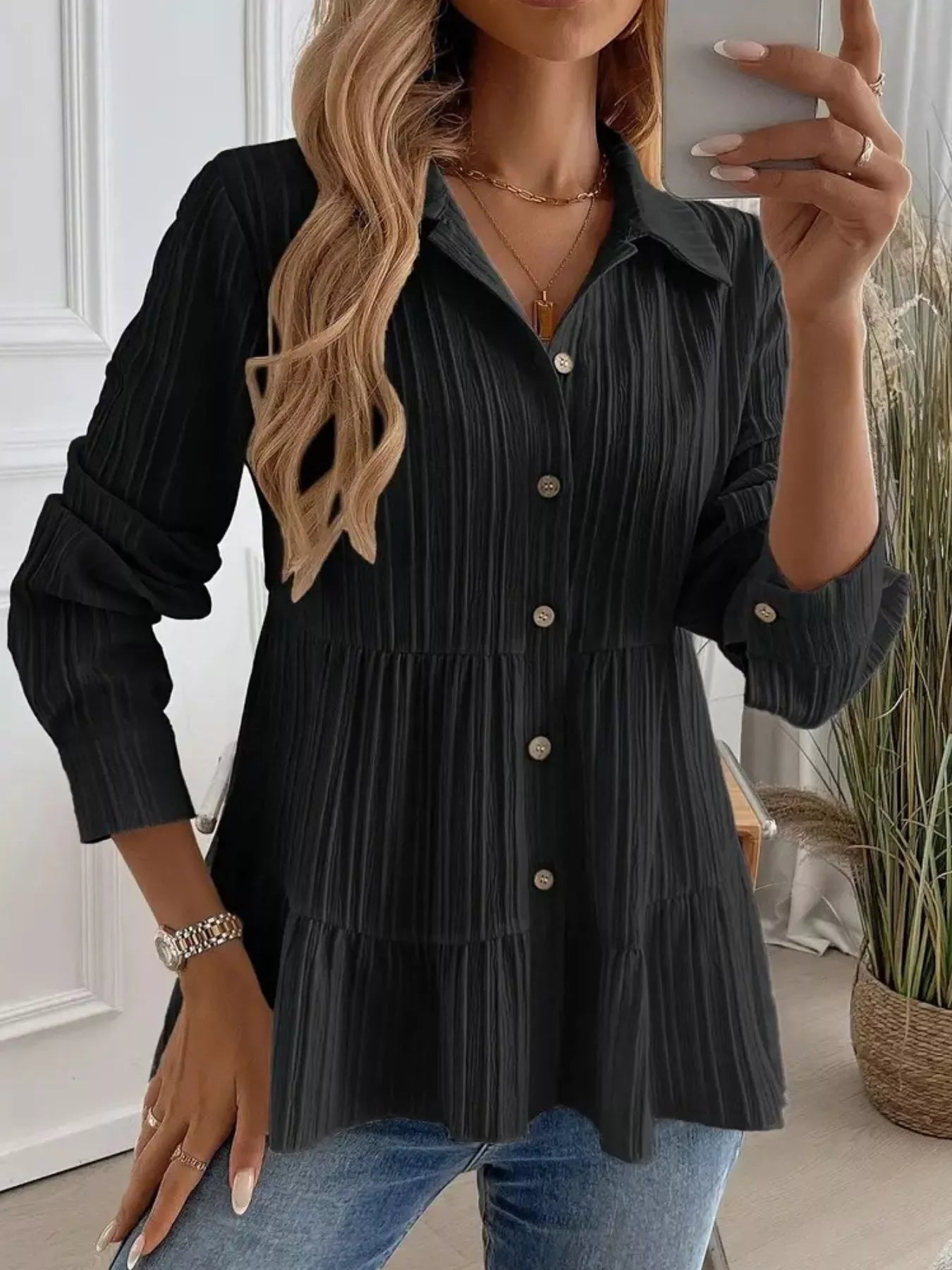 Button-Down Long Sleeve Tiered Shirt Black OutfitFlow