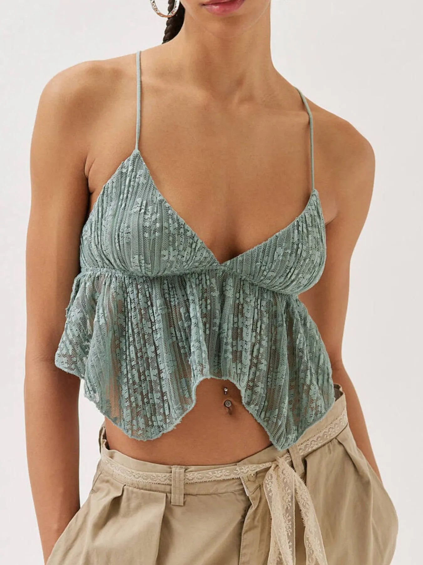 Lace Cropped Cami with Flowy Hem Sage OutfitFlow