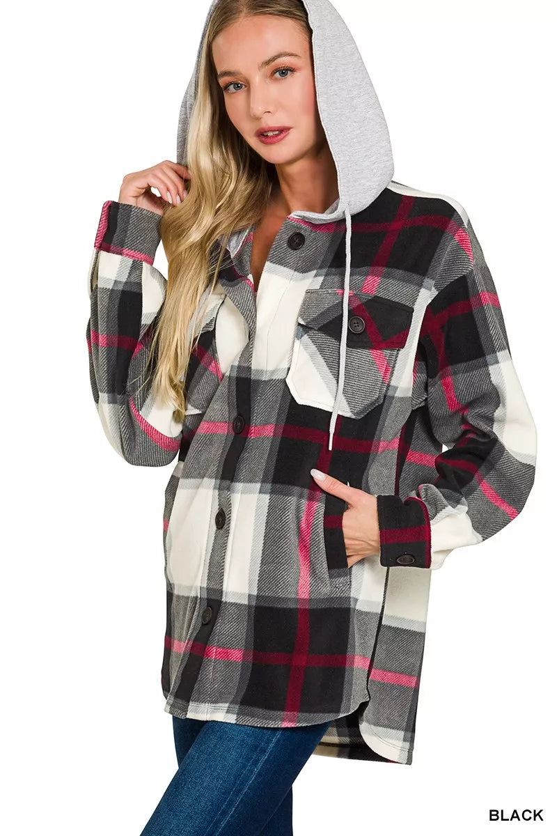 Zenana Plaid Drawstring Hooded Fleece Shacket OutfitFlow
