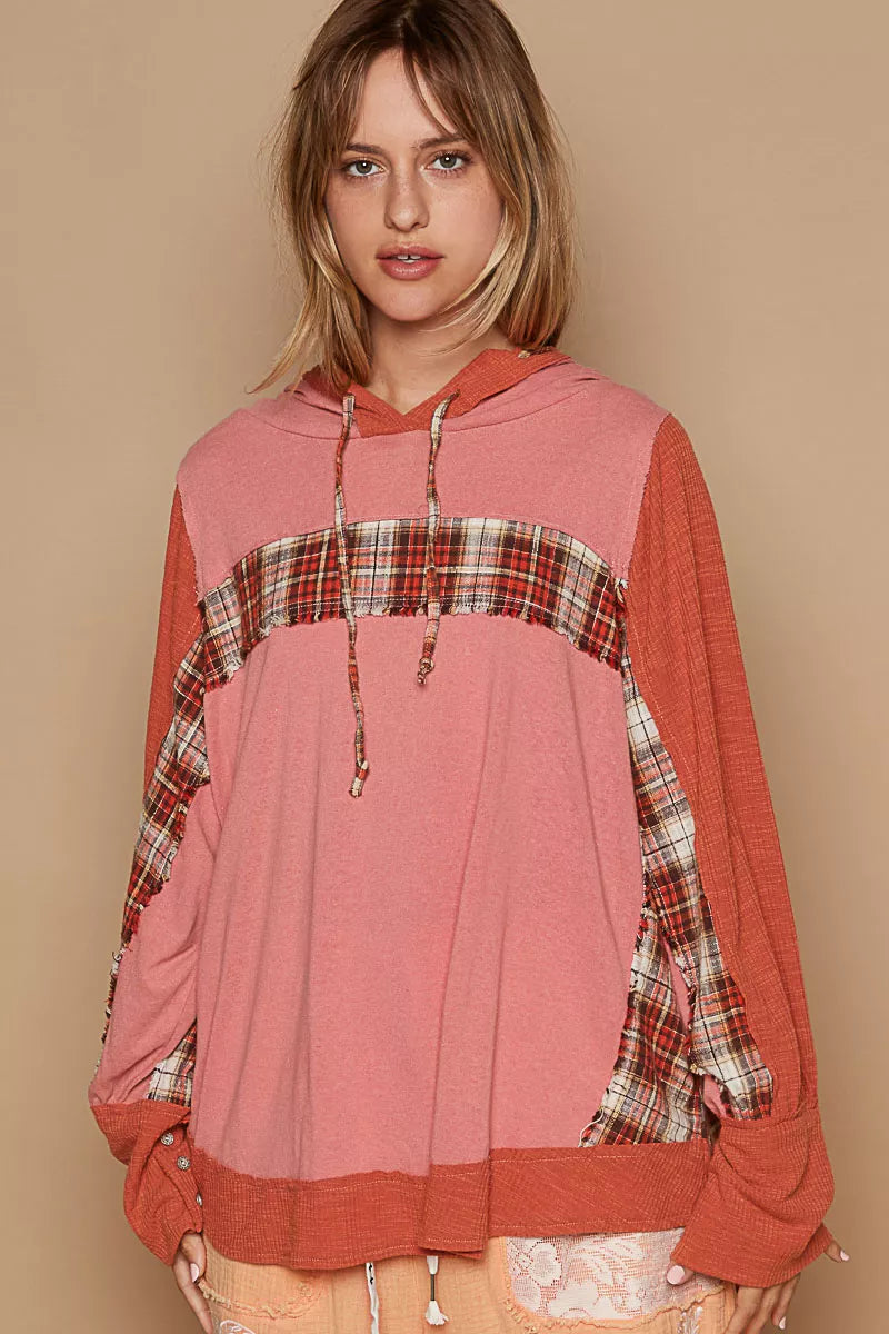 POL Oversized Drawstring Long Sleeve Hoodie with Plaid Detail BLUSH BRICK Trendsi