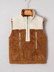 Color Block Plush Patchwork Zipper Stand Neck Vest Coat OutfitFlow