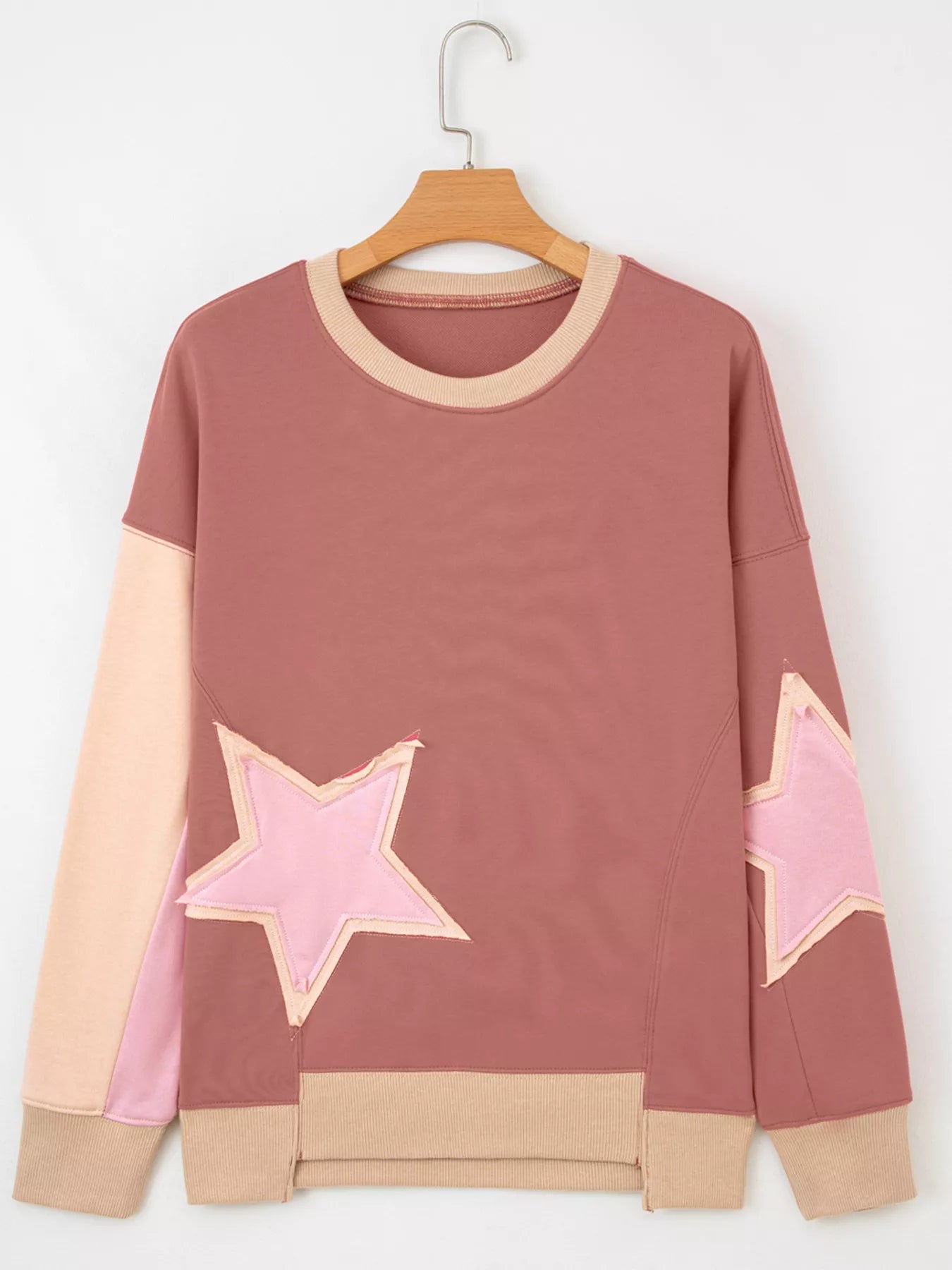 Contrast Star Patchwork Exposed Seam Uneven Hem Drop Shoulder Sweatshirt OutfitFlow