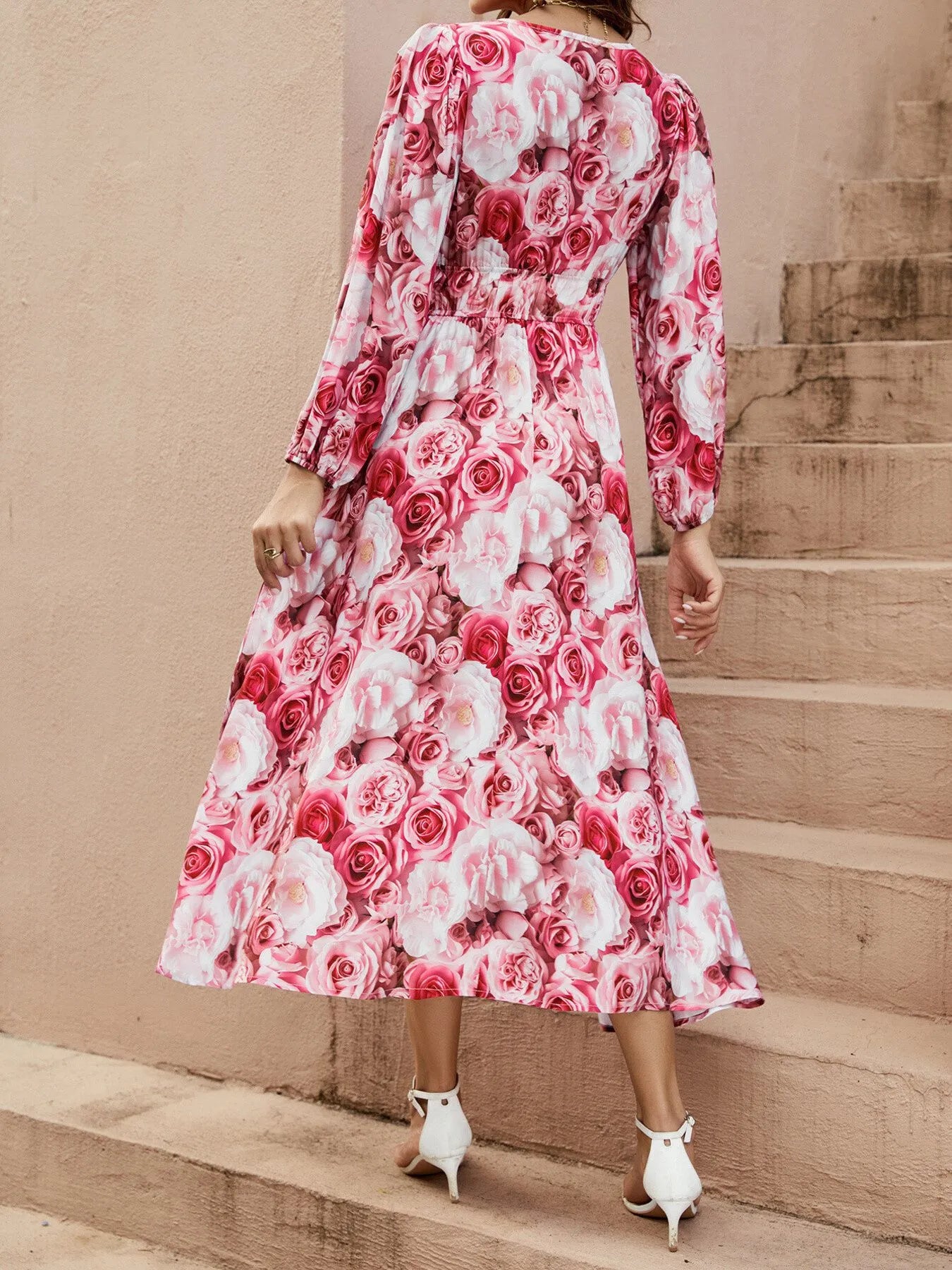 Floral V-Neck Long Sleeve Dress OutfitFlow