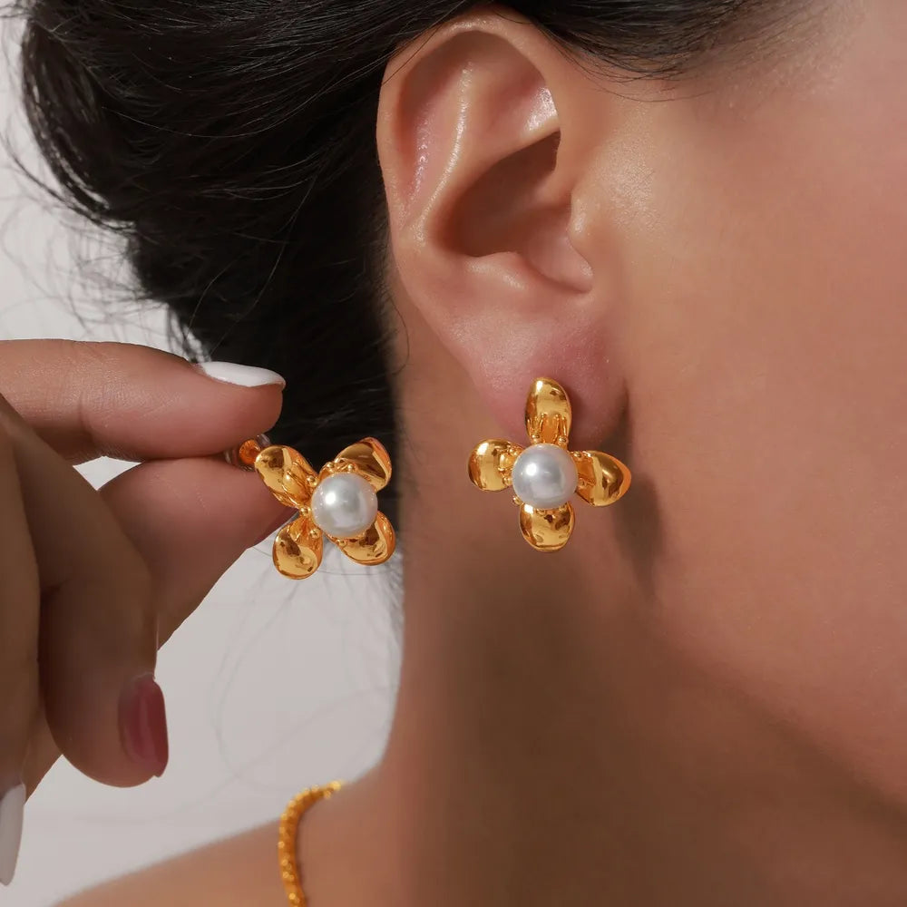 Synthetic Pearl Titanium Steel Flower Earrings OutfitFlow