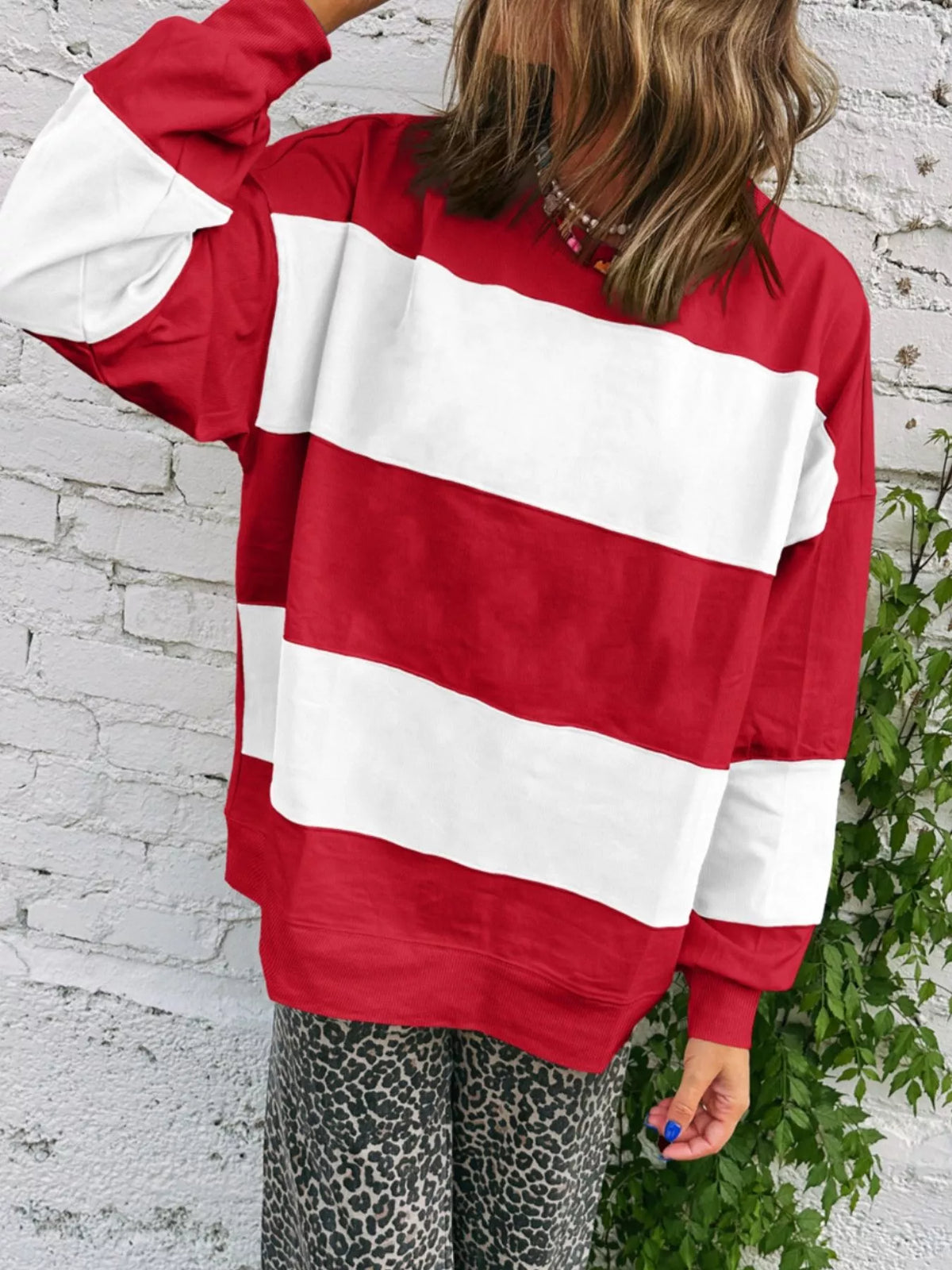 Colorblock Drop Shoulder Baggy Sweatshirt Scarlet OutfitFlow