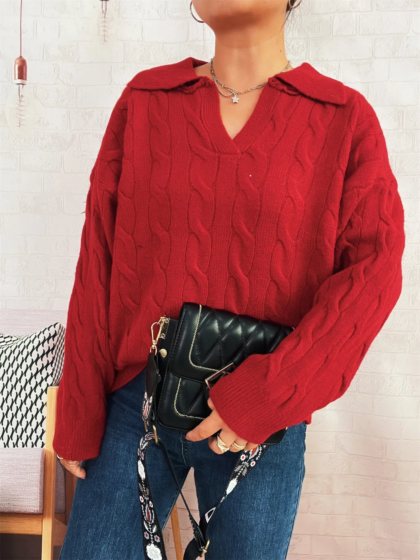 Cable Knit Johnny Collar Sweater Red One Size Trendsi
