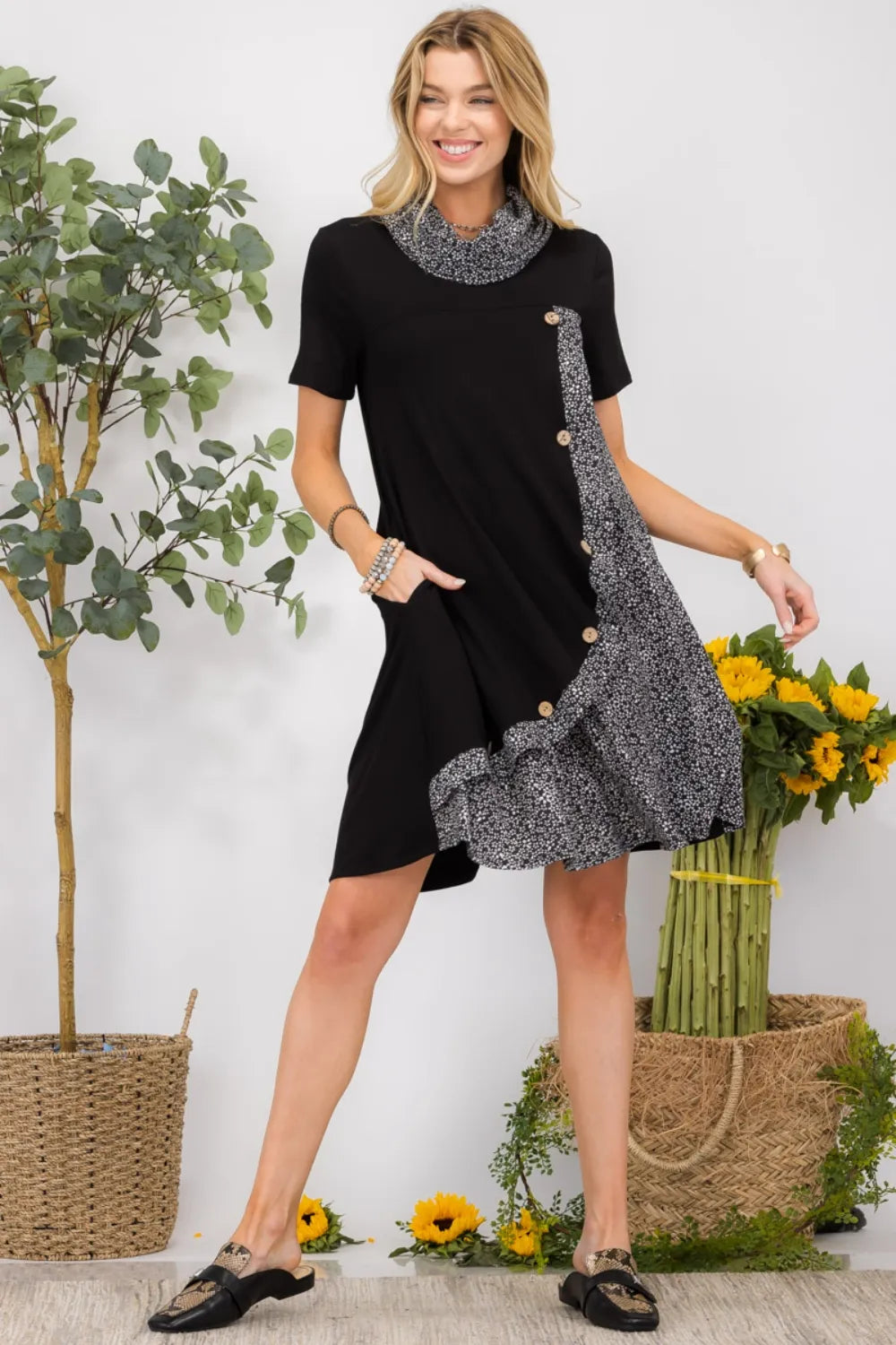 Celeste Full Size Decor Button Short Sleeve Dress with Pockets Plus Size Black OutfitFlow