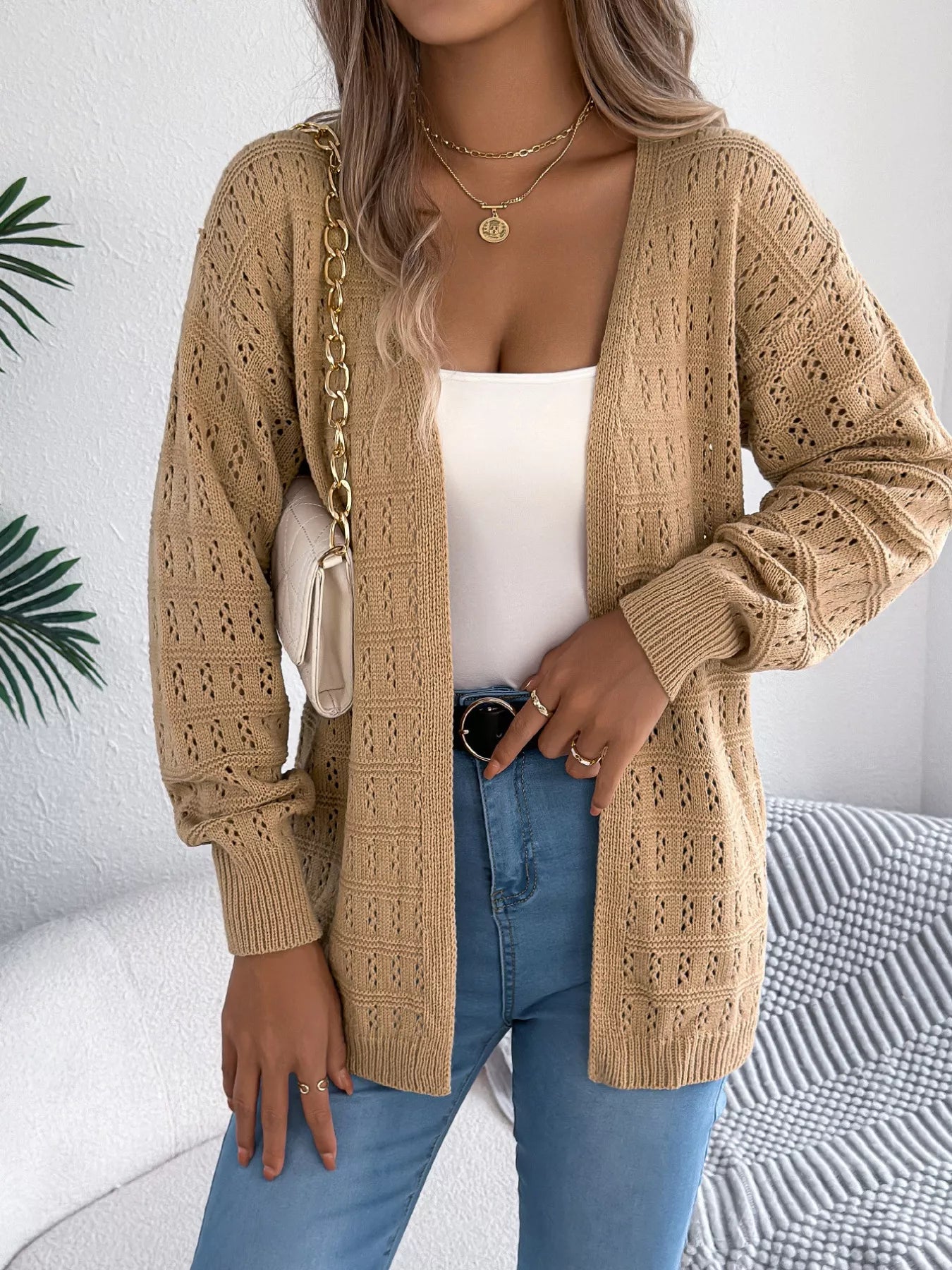 Open-Front Crochet Knit Cardigan OutfitFlow